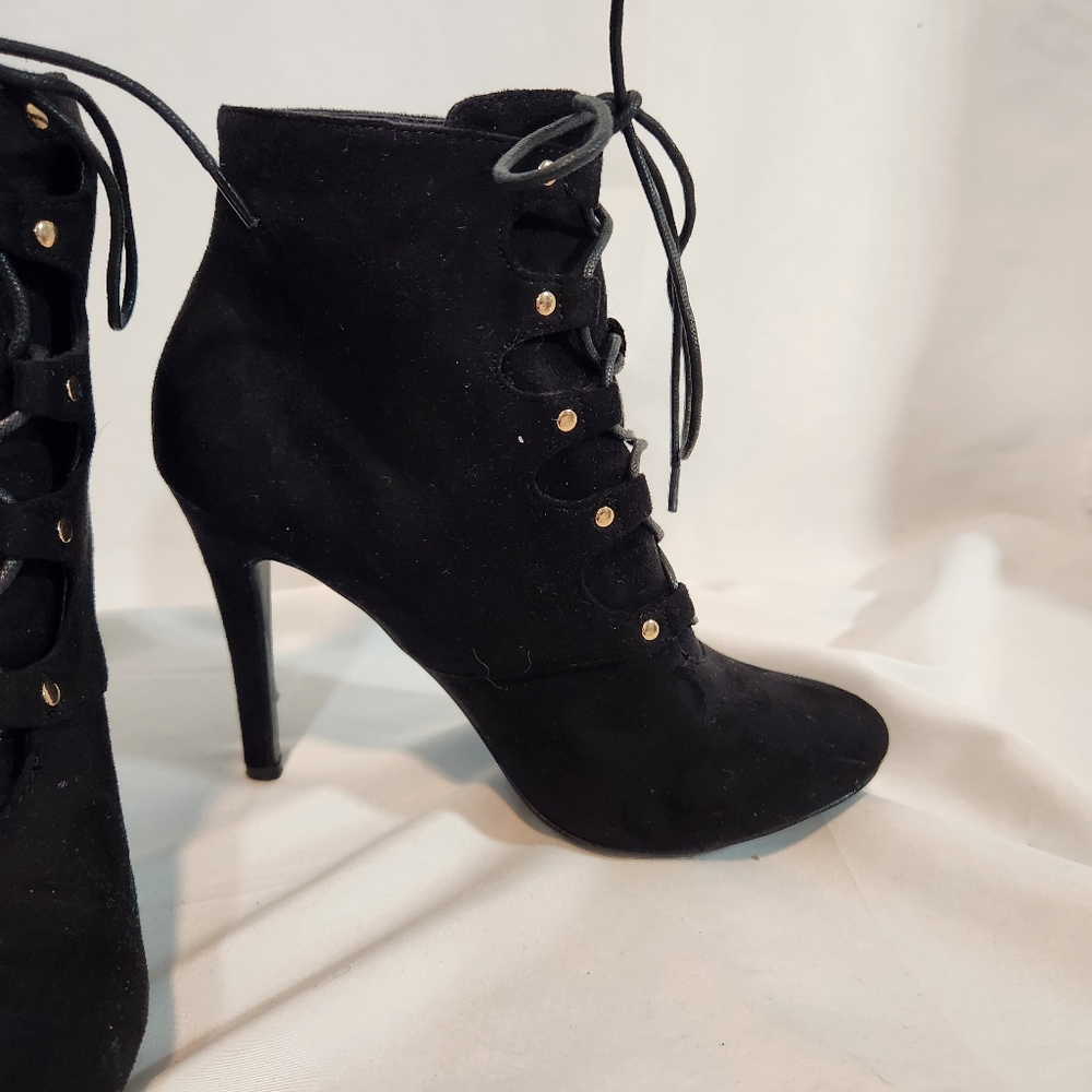 MOCA velvety black lace up ankle booties 5" heel. Size 9 NEW